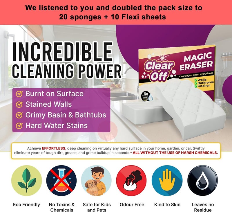 Clear Off 20 Pack Upgraded Magic Sponge Eraser Extra Large Super Powerful - Melamine Sponge for All-Purpose Cleaning, Oven Cleaner, Wall Cleaner, Dish, Kitchen, Baseboards, Sink, Sneaker, Car, Bathroom - Image 5